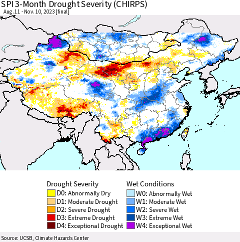 China, Mongolia and Taiwan SPI 3-Month Drought Severity (CHIRPS) Thematic Map For 8/11/2023 - 11/10/2023