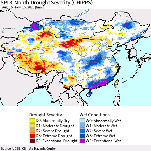 China, Mongolia and Taiwan SPI 3-Month Drought Severity (CHIRPS) Thematic Map For 8/16/2023 - 11/15/2023