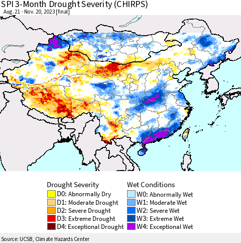 China, Mongolia and Taiwan SPI 3-Month Drought Severity (CHIRPS) Thematic Map For 8/21/2023 - 11/20/2023