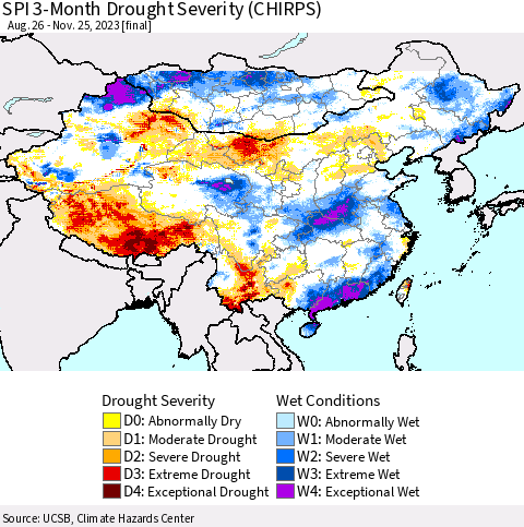 China, Mongolia and Taiwan SPI 3-Month Drought Severity (CHIRPS) Thematic Map For 8/26/2023 - 11/25/2023