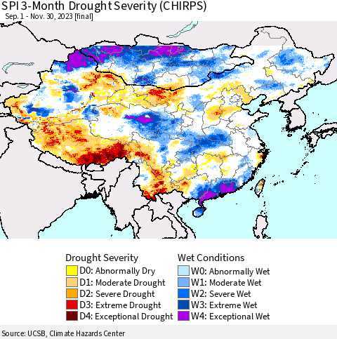 China, Mongolia and Taiwan SPI 3-Month Drought Severity (CHIRPS) Thematic Map For 9/1/2023 - 11/30/2023