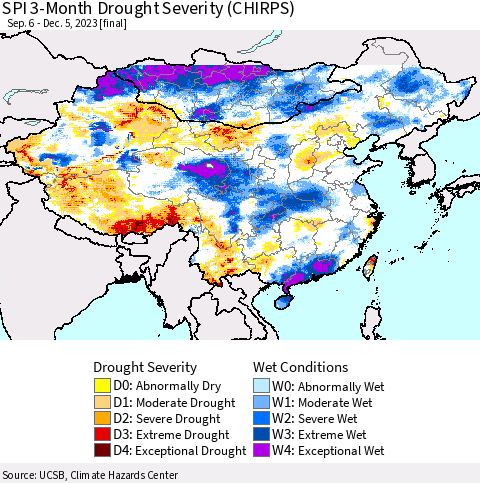 China, Mongolia and Taiwan SPI 3-Month Drought Severity (CHIRPS) Thematic Map For 9/6/2023 - 12/5/2023