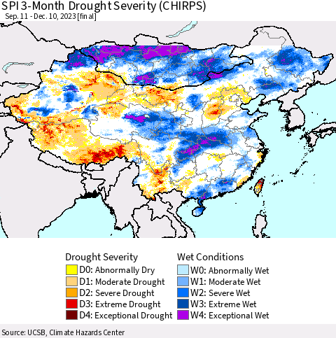 China, Mongolia and Taiwan SPI 3-Month Drought Severity (CHIRPS) Thematic Map For 9/11/2023 - 12/10/2023