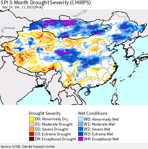 China, Mongolia and Taiwan SPI 3-Month Drought Severity (CHIRPS) Thematic Map For 9/16/2023 - 12/15/2023