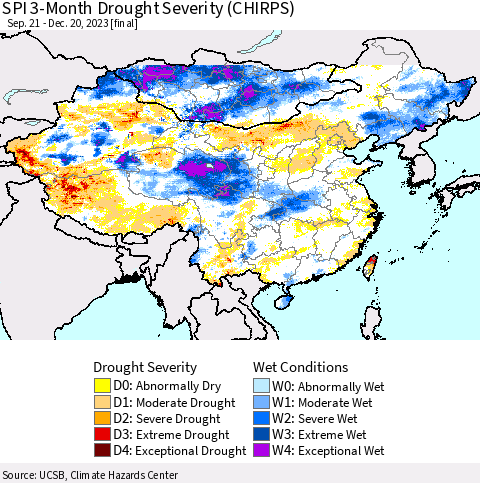 China, Mongolia and Taiwan SPI 3-Month Drought Severity (CHIRPS) Thematic Map For 9/21/2023 - 12/20/2023