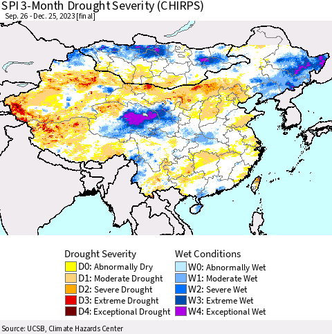 China, Mongolia and Taiwan SPI 3-Month Drought Severity (CHIRPS) Thematic Map For 9/26/2023 - 12/25/2023