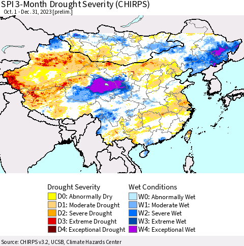 China, Mongolia and Taiwan SPI 3-Month Drought Severity (CHIRPS) Thematic Map For 10/1/2023 - 12/31/2023