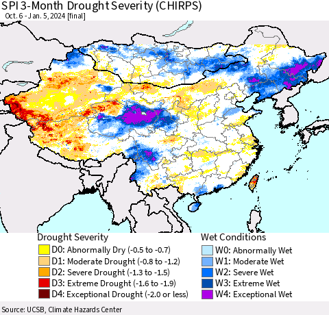 China, Mongolia and Taiwan SPI 3-Month Drought Severity (CHIRPS) Thematic Map For 10/6/2023 - 1/5/2024