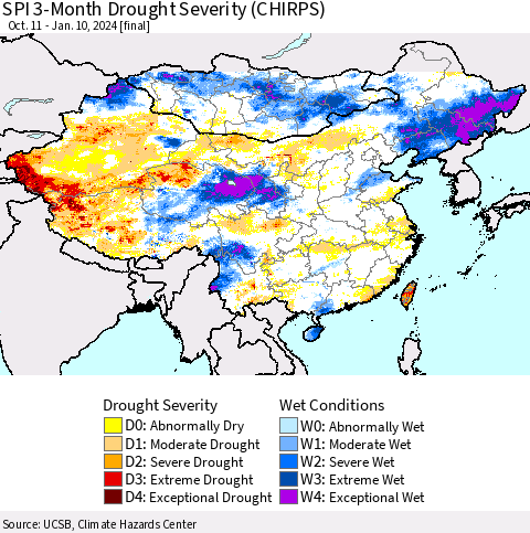 China, Mongolia and Taiwan SPI 3-Month Drought Severity (CHIRPS) Thematic Map For 10/11/2023 - 1/10/2024
