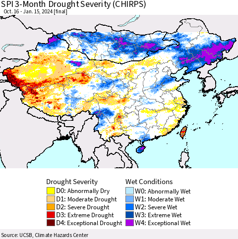 China, Mongolia and Taiwan SPI 3-Month Drought Severity (CHIRPS) Thematic Map For 10/16/2023 - 1/15/2024