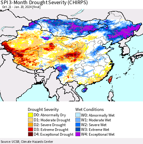 China, Mongolia and Taiwan SPI 3-Month Drought Severity (CHIRPS) Thematic Map For 10/21/2023 - 1/20/2024