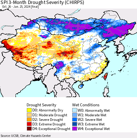 China, Mongolia and Taiwan SPI 3-Month Drought Severity (CHIRPS) Thematic Map For 10/26/2023 - 1/25/2024