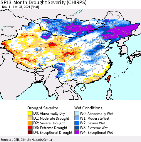 China, Mongolia and Taiwan SPI 3-Month Drought Severity (CHIRPS) Thematic Map For 11/1/2023 - 1/31/2024