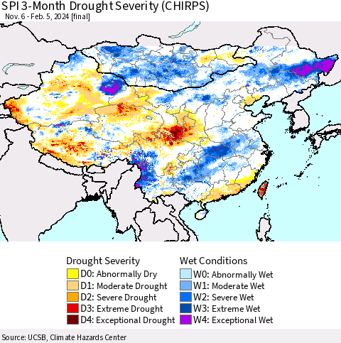 China, Mongolia and Taiwan SPI 3-Month Drought Severity (CHIRPS) Thematic Map For 11/6/2023 - 2/5/2024