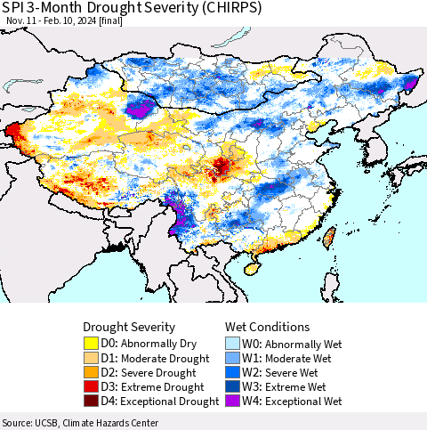 China, Mongolia and Taiwan SPI 3-Month Drought Severity (CHIRPS) Thematic Map For 11/11/2023 - 2/10/2024