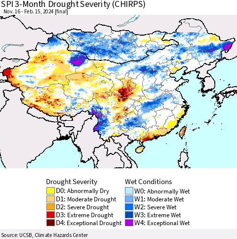 China, Mongolia and Taiwan SPI 3-Month Drought Severity (CHIRPS) Thematic Map For 11/16/2023 - 2/15/2024