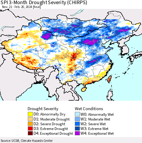 China, Mongolia and Taiwan SPI 3-Month Drought Severity (CHIRPS) Thematic Map For 11/21/2023 - 2/20/2024