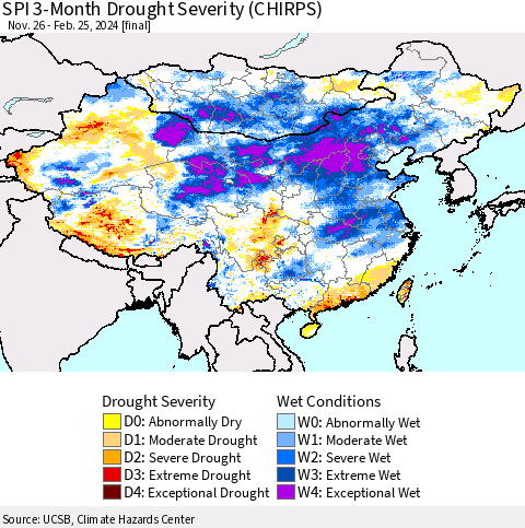 China, Mongolia and Taiwan SPI 3-Month Drought Severity (CHIRPS) Thematic Map For 11/26/2023 - 2/25/2024
