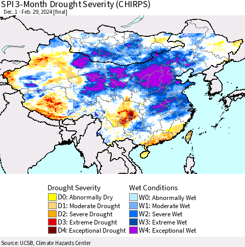China, Mongolia and Taiwan SPI 3-Month Drought Severity (CHIRPS) Thematic Map For 12/1/2023 - 2/29/2024