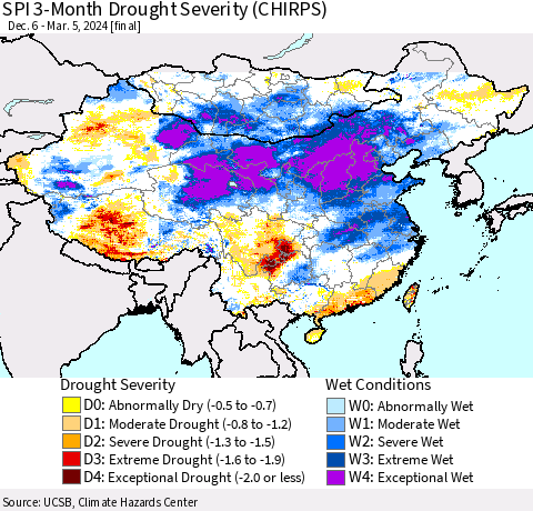 China, Mongolia and Taiwan SPI 3-Month Drought Severity (CHIRPS) Thematic Map For 12/6/2023 - 3/5/2024