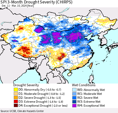 China, Mongolia and Taiwan SPI 3-Month Drought Severity (CHIRPS) Thematic Map For 12/11/2023 - 3/10/2024