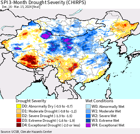 China, Mongolia and Taiwan SPI 3-Month Drought Severity (CHIRPS) Thematic Map For 12/16/2023 - 3/15/2024
