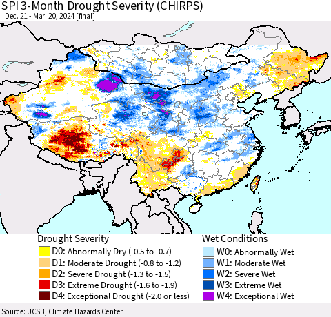 China, Mongolia and Taiwan SPI 3-Month Drought Severity (CHIRPS) Thematic Map For 12/21/2023 - 3/20/2024
