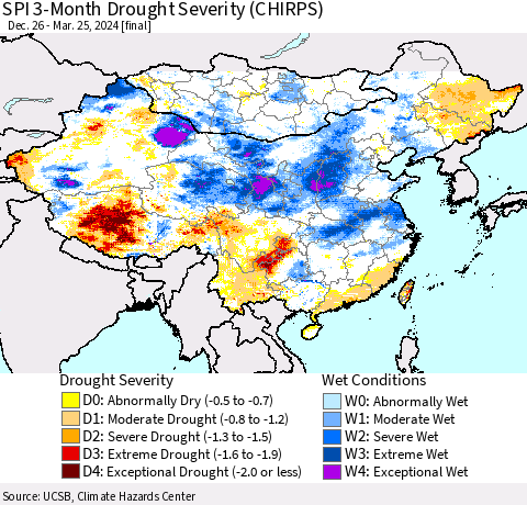 China, Mongolia and Taiwan SPI 3-Month Drought Severity (CHIRPS) Thematic Map For 12/26/2023 - 3/25/2024