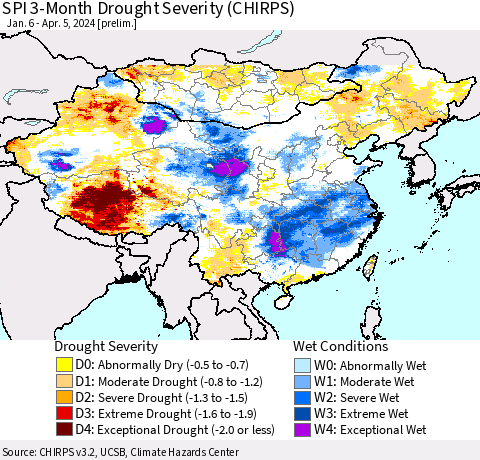 China, Mongolia and Taiwan SPI 3-Month Drought Severity (CHIRPS) Thematic Map For 1/6/2024 - 4/5/2024