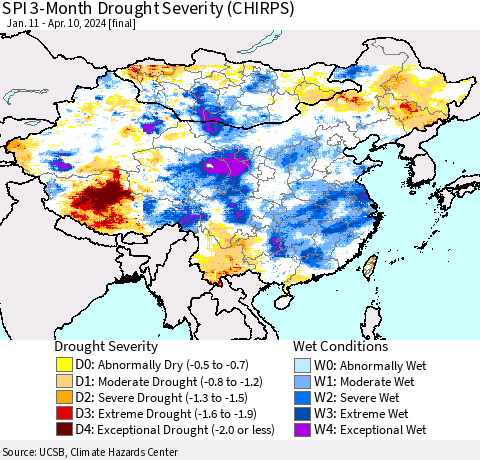 China, Mongolia and Taiwan SPI 3-Month Drought Severity (CHIRPS) Thematic Map For 1/11/2024 - 4/10/2024