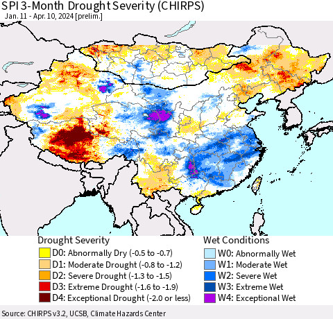 China, Mongolia and Taiwan SPI 3-Month Drought Severity (CHIRPS) Thematic Map For 1/11/2024 - 4/10/2024