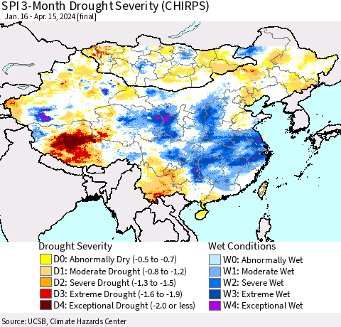 China, Mongolia and Taiwan SPI 3-Month Drought Severity (CHIRPS) Thematic Map For 1/16/2024 - 4/15/2024