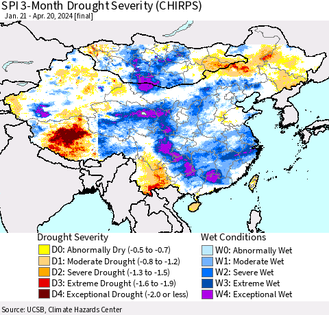 China, Mongolia and Taiwan SPI 3-Month Drought Severity (CHIRPS) Thematic Map For 1/21/2024 - 4/20/2024