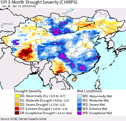 China, Mongolia and Taiwan SPI 3-Month Drought Severity (CHIRPS) Thematic Map For 1/26/2024 - 4/25/2024