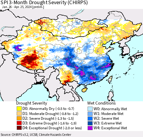 China, Mongolia and Taiwan SPI 3-Month Drought Severity (CHIRPS) Thematic Map For 1/26/2024 - 4/25/2024