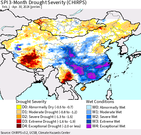 China, Mongolia and Taiwan SPI 3-Month Drought Severity (CHIRPS) Thematic Map For 2/1/2024 - 4/30/2024
