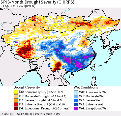 China, Mongolia and Taiwan SPI 3-Month Drought Severity (CHIRPS) Thematic Map For 2/6/2024 - 5/5/2024