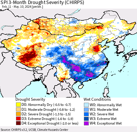 China, Mongolia and Taiwan SPI 3-Month Drought Severity (CHIRPS) Thematic Map For 2/11/2024 - 5/10/2024
