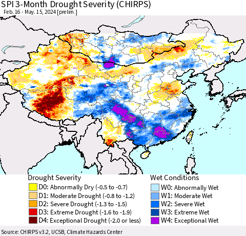 China, Mongolia and Taiwan SPI 3-Month Drought Severity (CHIRPS) Thematic Map For 2/16/2024 - 5/15/2024