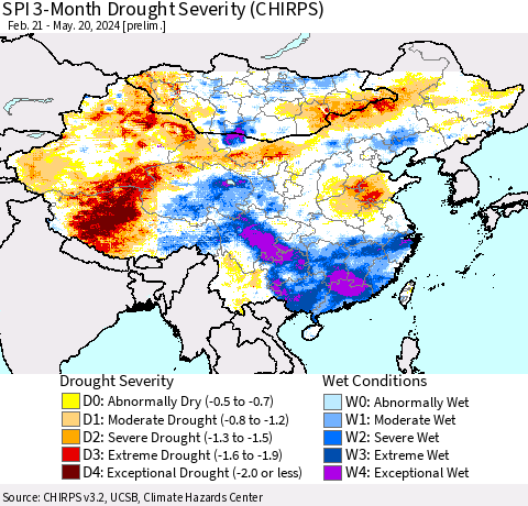 China, Mongolia and Taiwan SPI 3-Month Drought Severity (CHIRPS) Thematic Map For 2/21/2024 - 5/20/2024
