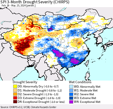 China, Mongolia and Taiwan SPI 3-Month Drought Severity (CHIRPS) Thematic Map For 2/26/2024 - 5/25/2024