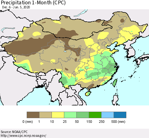 China, Mongolia and Taiwan Precipitation 1-Month (CPC) Thematic Map For 12/6/2019 - 1/5/2020