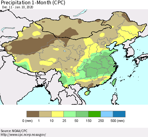 China, Mongolia and Taiwan Precipitation 1-Month (CPC) Thematic Map For 12/11/2019 - 1/10/2020