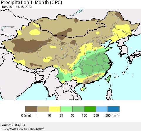 China, Mongolia and Taiwan Precipitation 1-Month (CPC) Thematic Map For 12/16/2019 - 1/15/2020