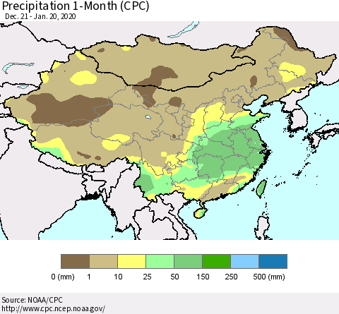 China, Mongolia and Taiwan Precipitation 1-Month (CPC) Thematic Map For 12/21/2019 - 1/20/2020