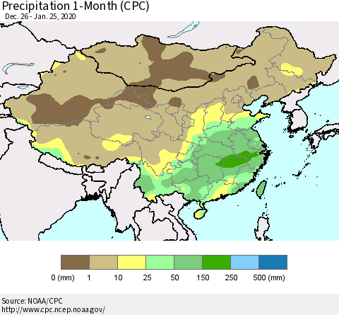 China, Mongolia and Taiwan Precipitation 1-Month (CPC) Thematic Map For 12/26/2019 - 1/25/2020