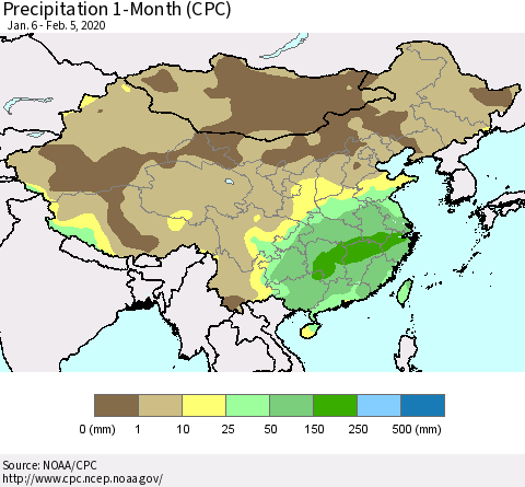 China, Mongolia and Taiwan Precipitation 1-Month (CPC) Thematic Map For 1/6/2020 - 2/5/2020