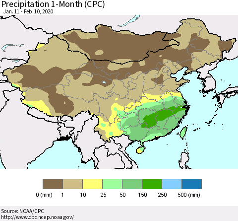 China, Mongolia and Taiwan Precipitation 1-Month (CPC) Thematic Map For 1/11/2020 - 2/10/2020