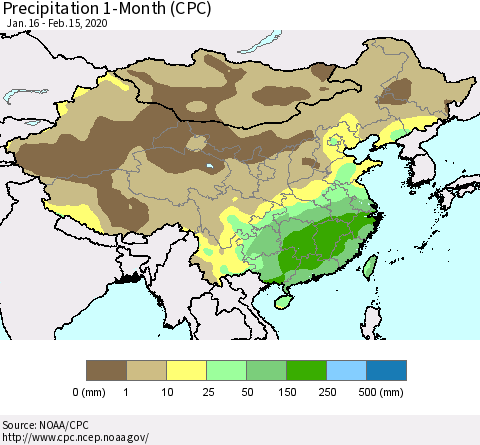 China, Mongolia and Taiwan Precipitation 1-Month (CPC) Thematic Map For 1/16/2020 - 2/15/2020