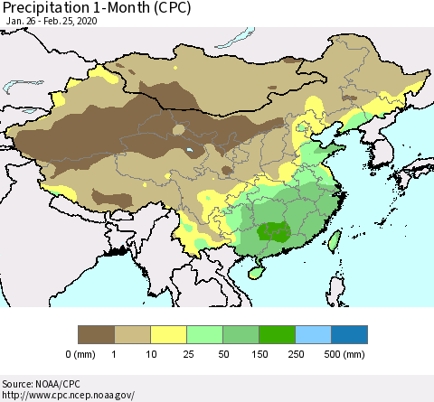 China, Mongolia and Taiwan Precipitation 1-Month (CPC) Thematic Map For 1/26/2020 - 2/25/2020